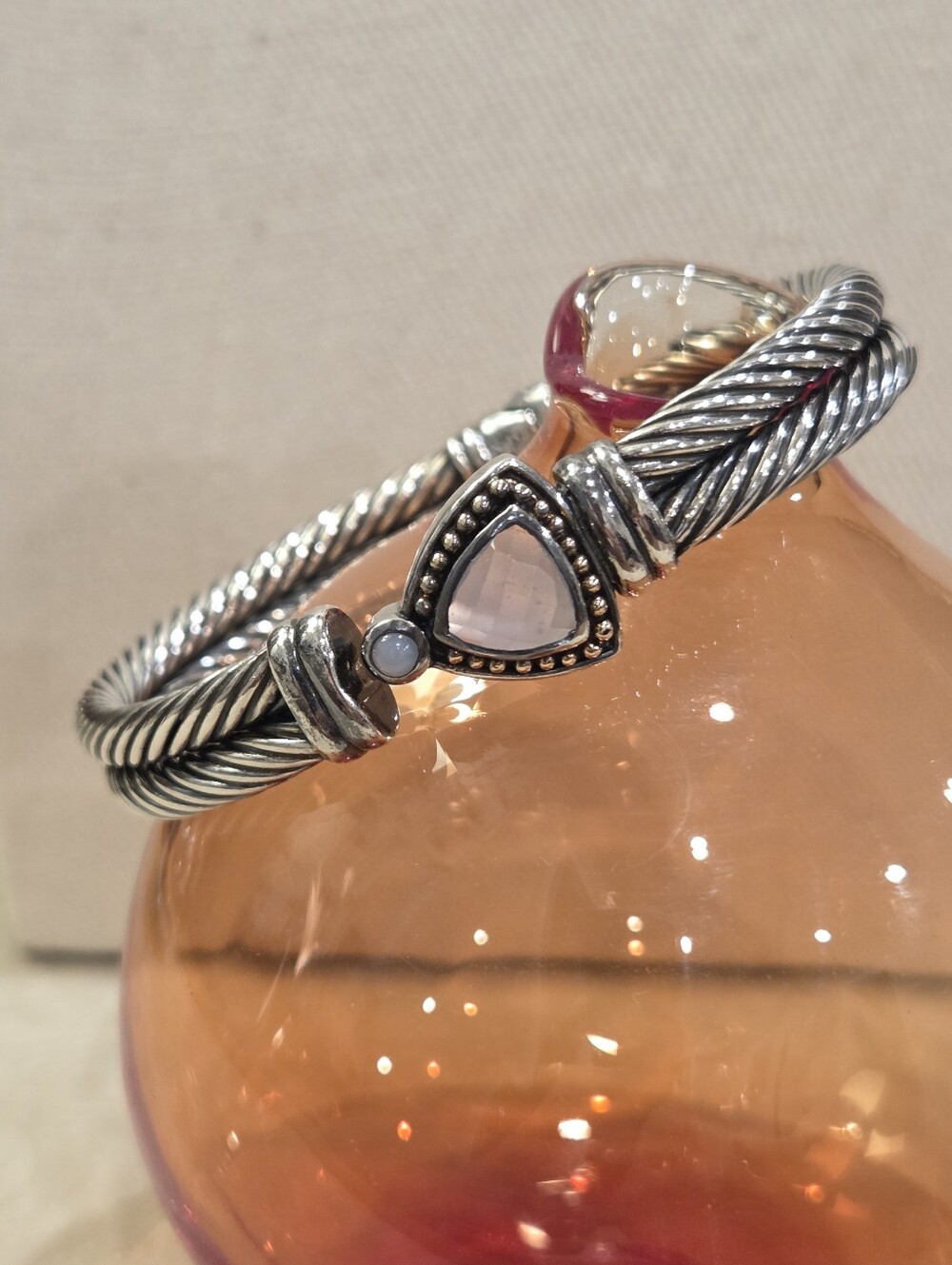 BJC 14k Sterling Double Cable Bracelet with Faceted Blue Chalcedony Teardrop